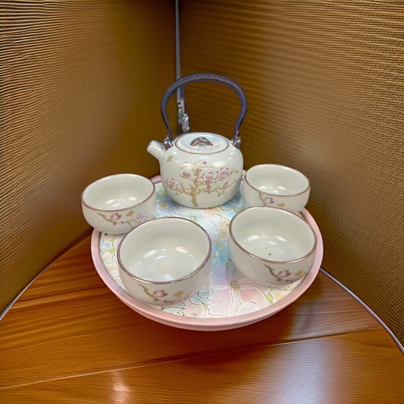 玉兰花黄汝提梁壶高端茶具一壶三杯+粉色万花茶盘