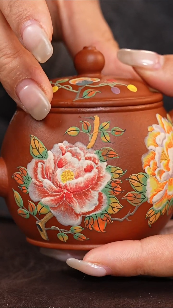 茶壶紫砂牡丹小品