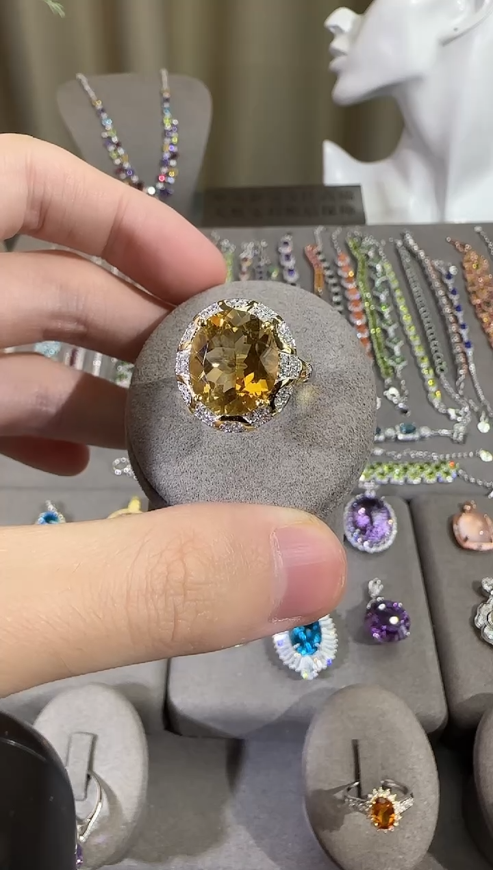 银S925镶嵌戒指黄晶14*12mm戒指设计款