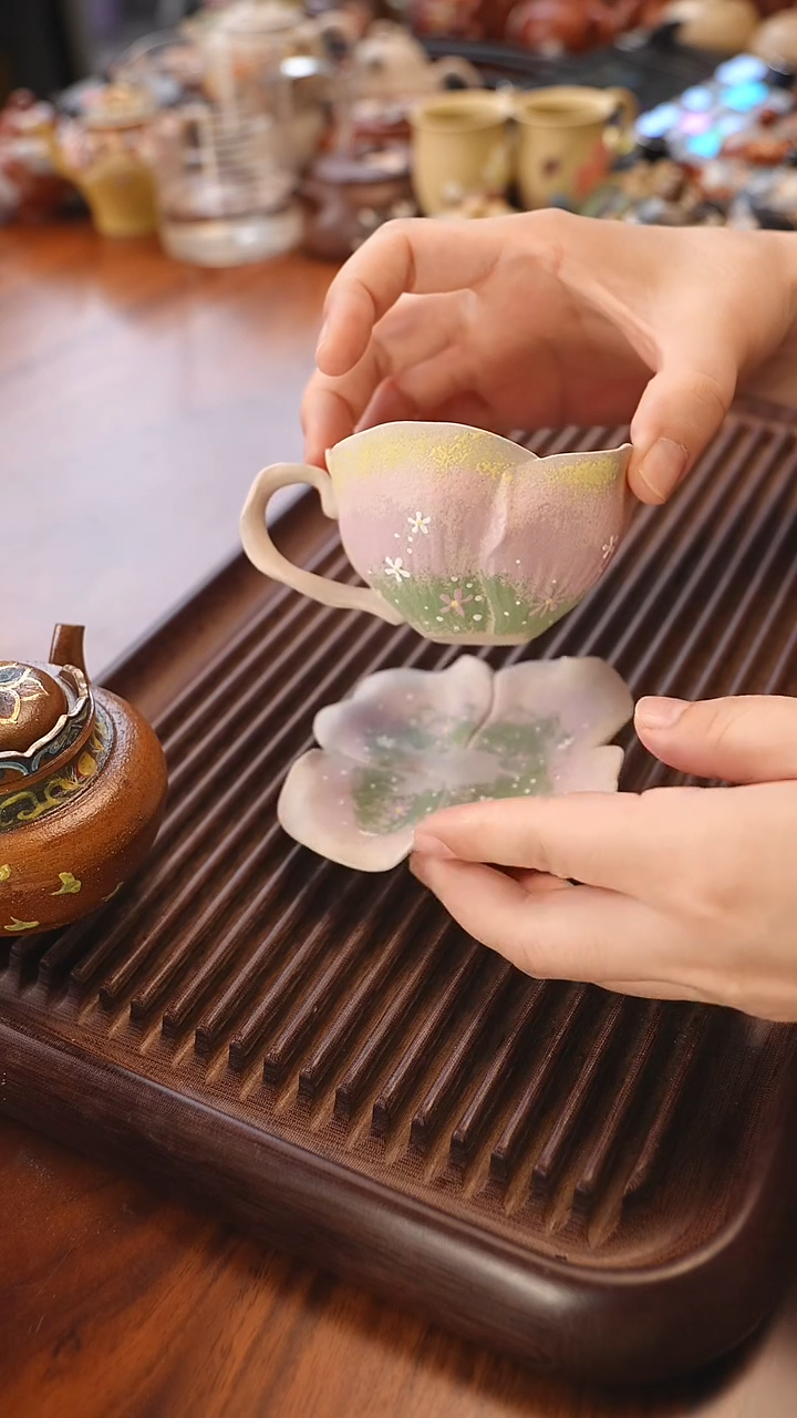 茶壶紫砂白段泥花瓣杯 紫色薰衣草