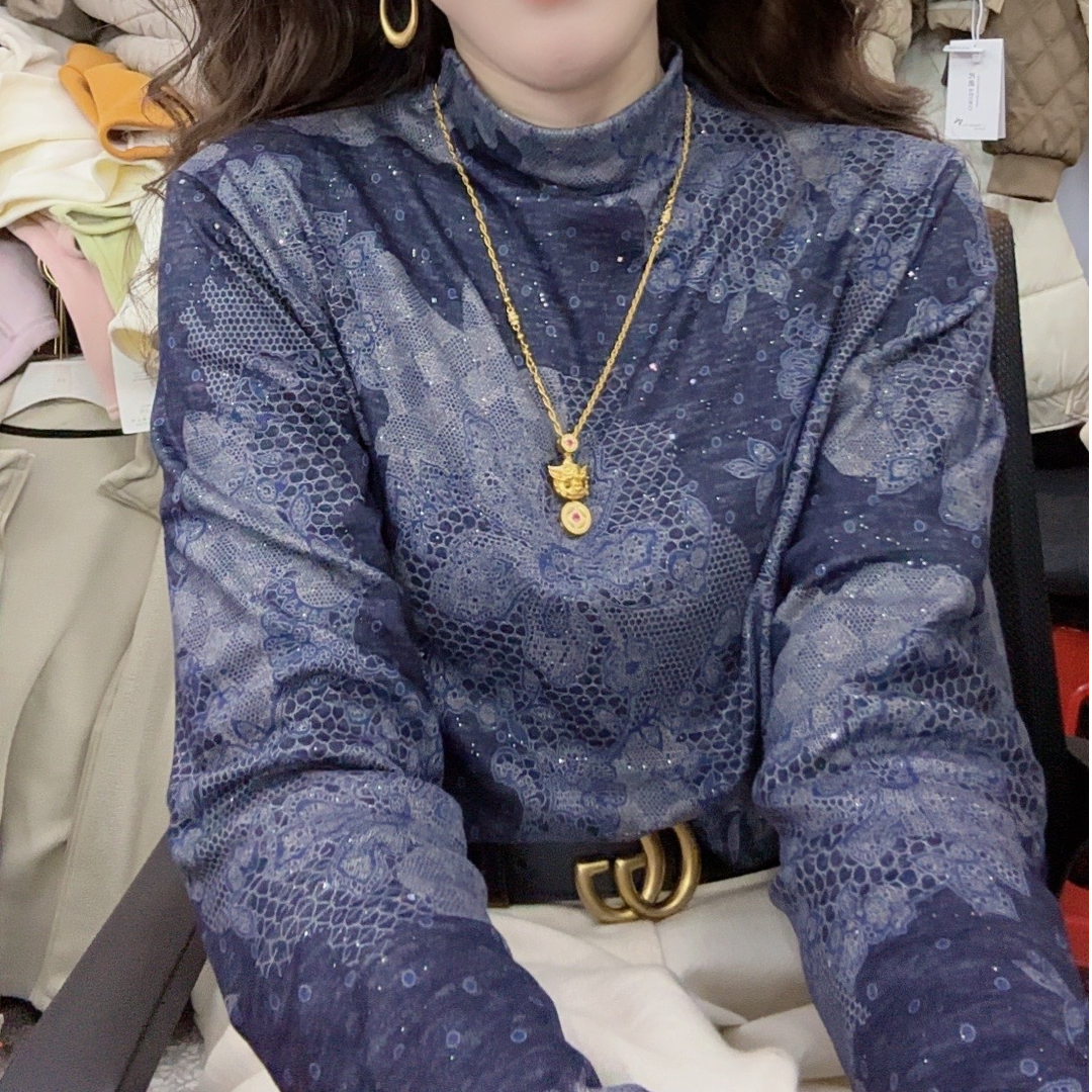 【玫玫专属】亮片款双面德绒印花半高领小衫离子发热长袖打M11