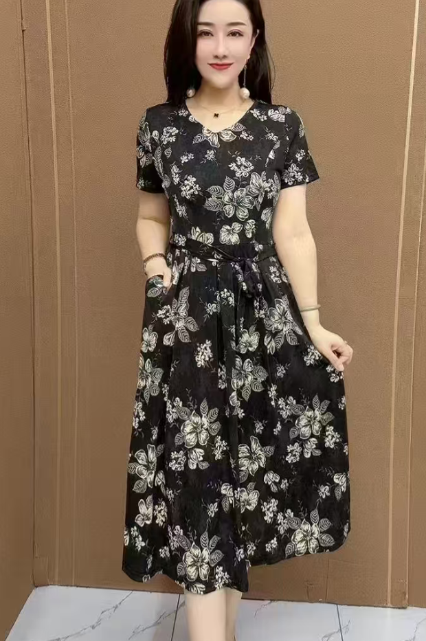 夏季新款丝光弹力缎面长款系带显瘦显高连衣裙女短袖减龄A字裙子