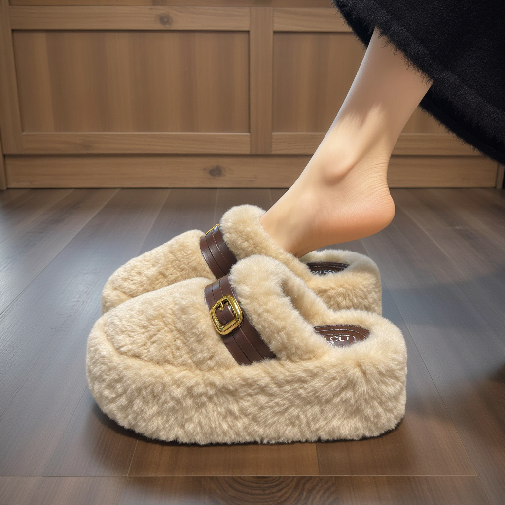 羊羔绒毛毛拖鞋女2025冬季增高棉拖小个子包头拖7-8CM厚底毛毛鞋