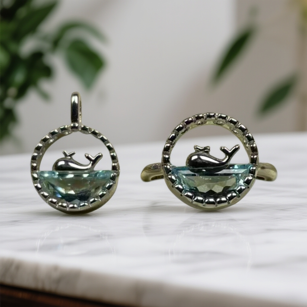 天然托帕石925银戒指吊坠 鲸生有你夏日海洋风轻奢时尚蓝色