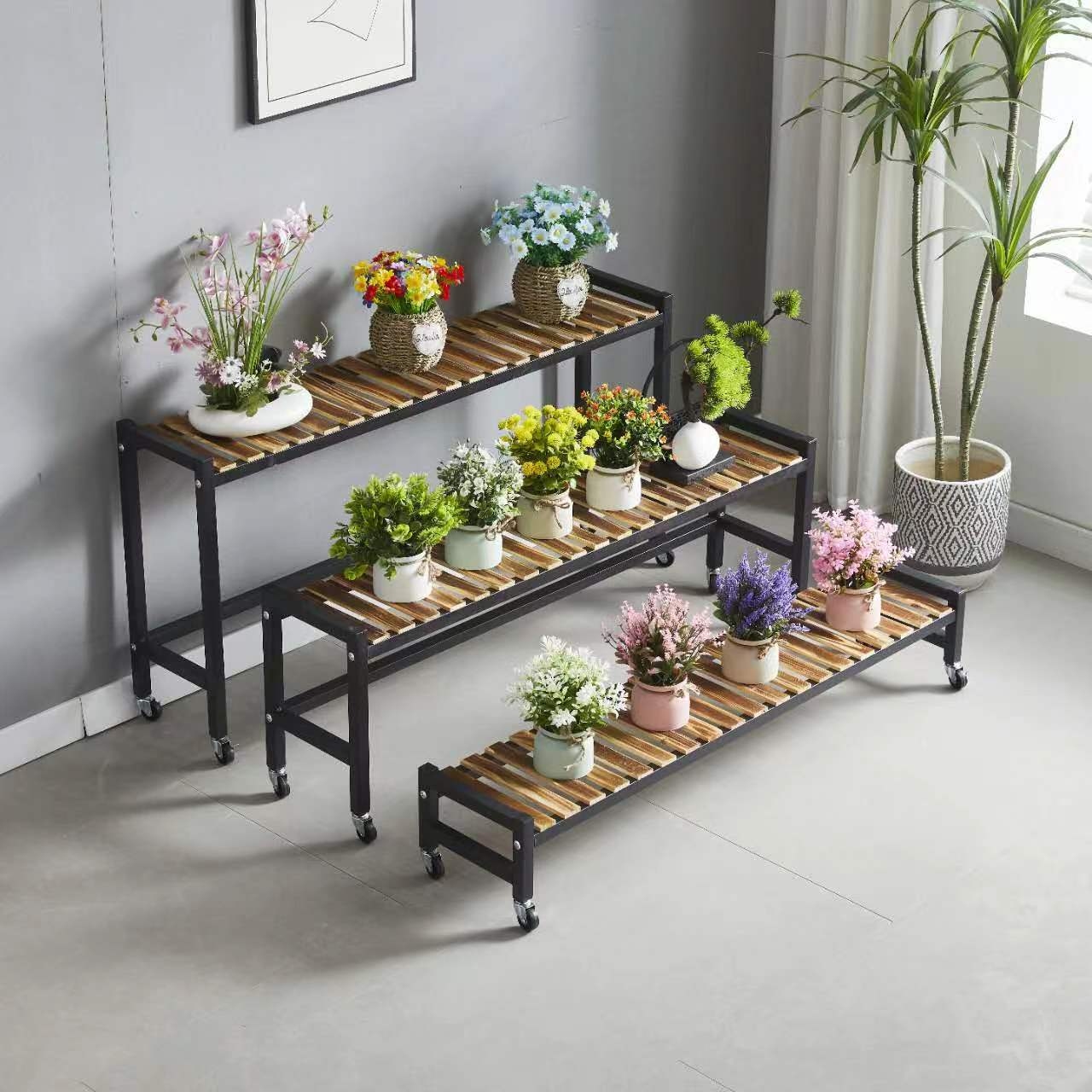 实木铁艺单层独立白色客厅多层户外落地阶梯架多肉阳台置物架带轮