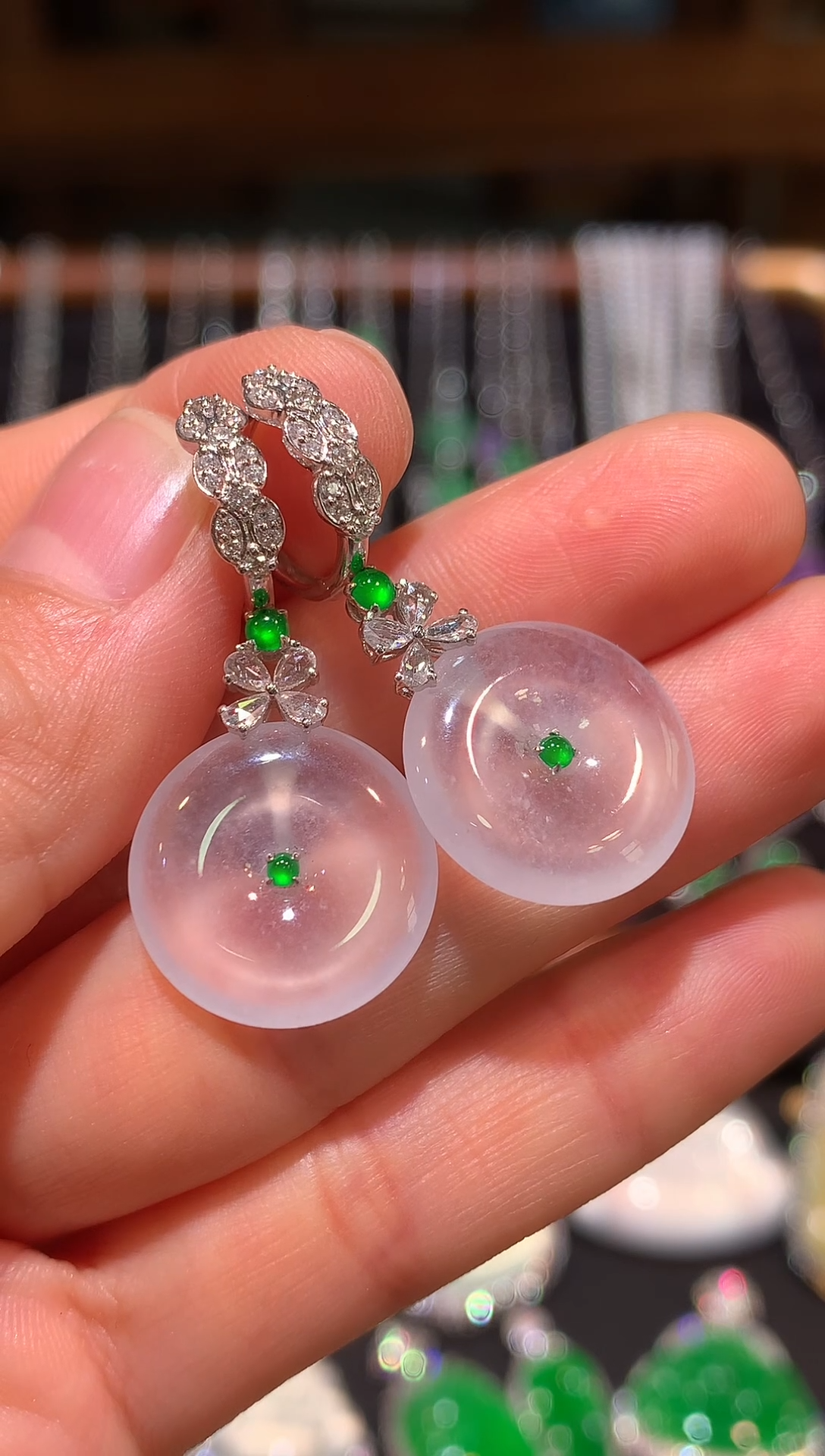 18K金镶嵌翡翠耳饰糖***姐玻璃种平安扣耳坠