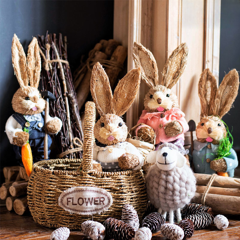 家居草编兔子复古稻草兔道具手工兔子装饰情侣兔花园阳台摆件