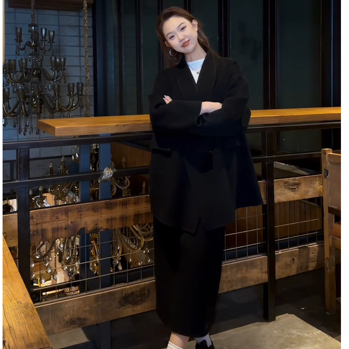 黑色秋冬极简风简约西服款复古气质时尚羊毛套装