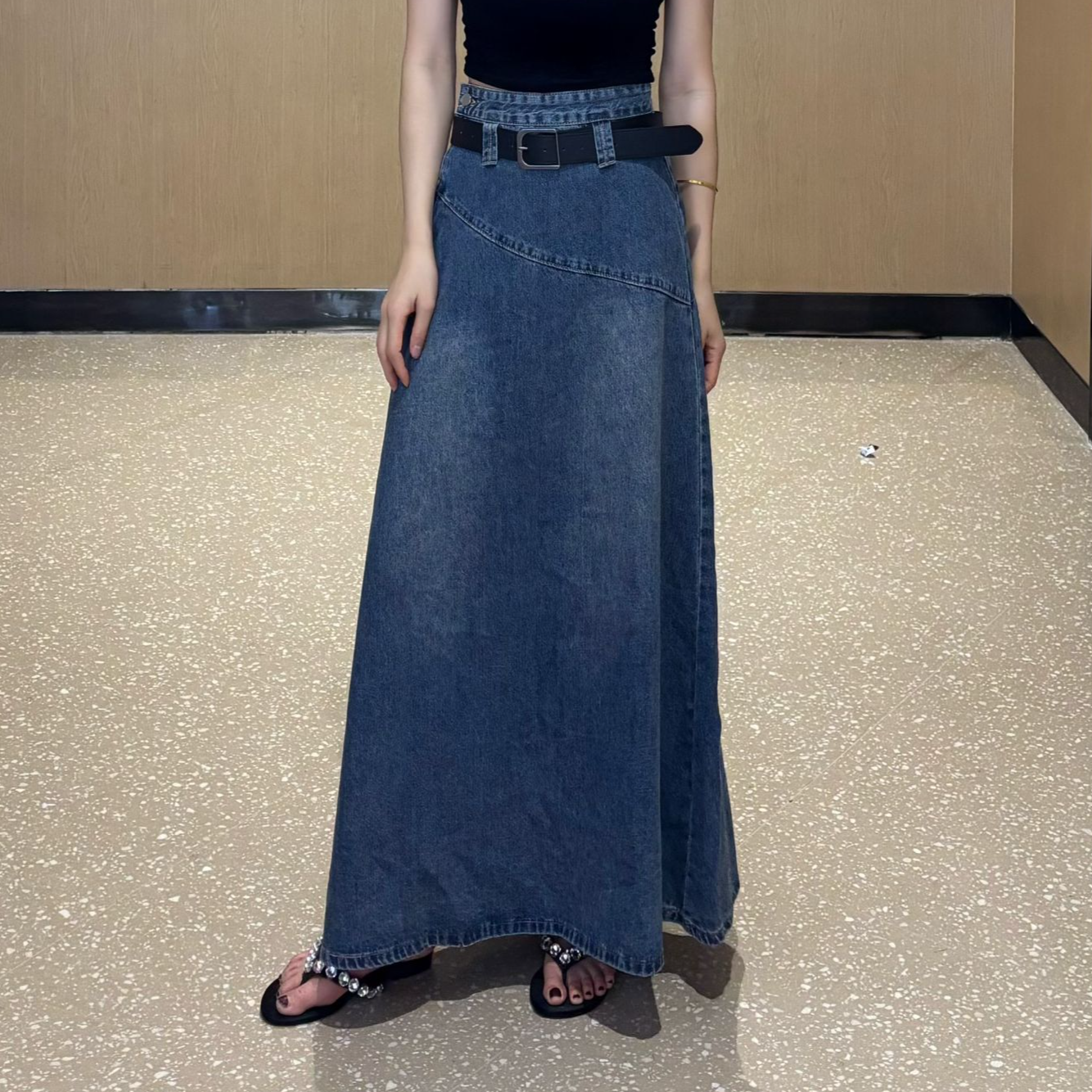 【CC】复古小众设计感水洗蓝色高腰显瘦牛仔半身长裙