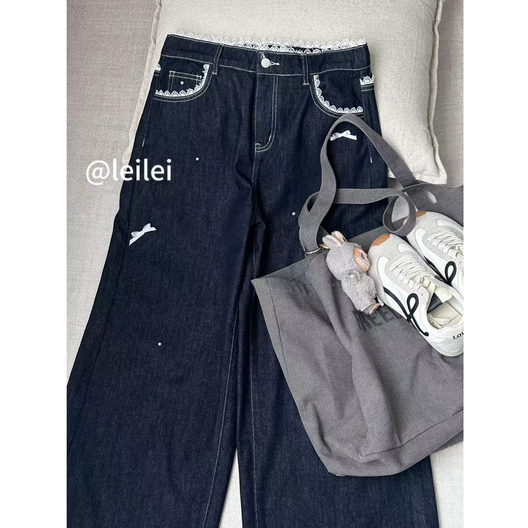 晶咕【挚爱出街】腰部拼蕾丝边阔腿牛仔裤百搭时尚复古