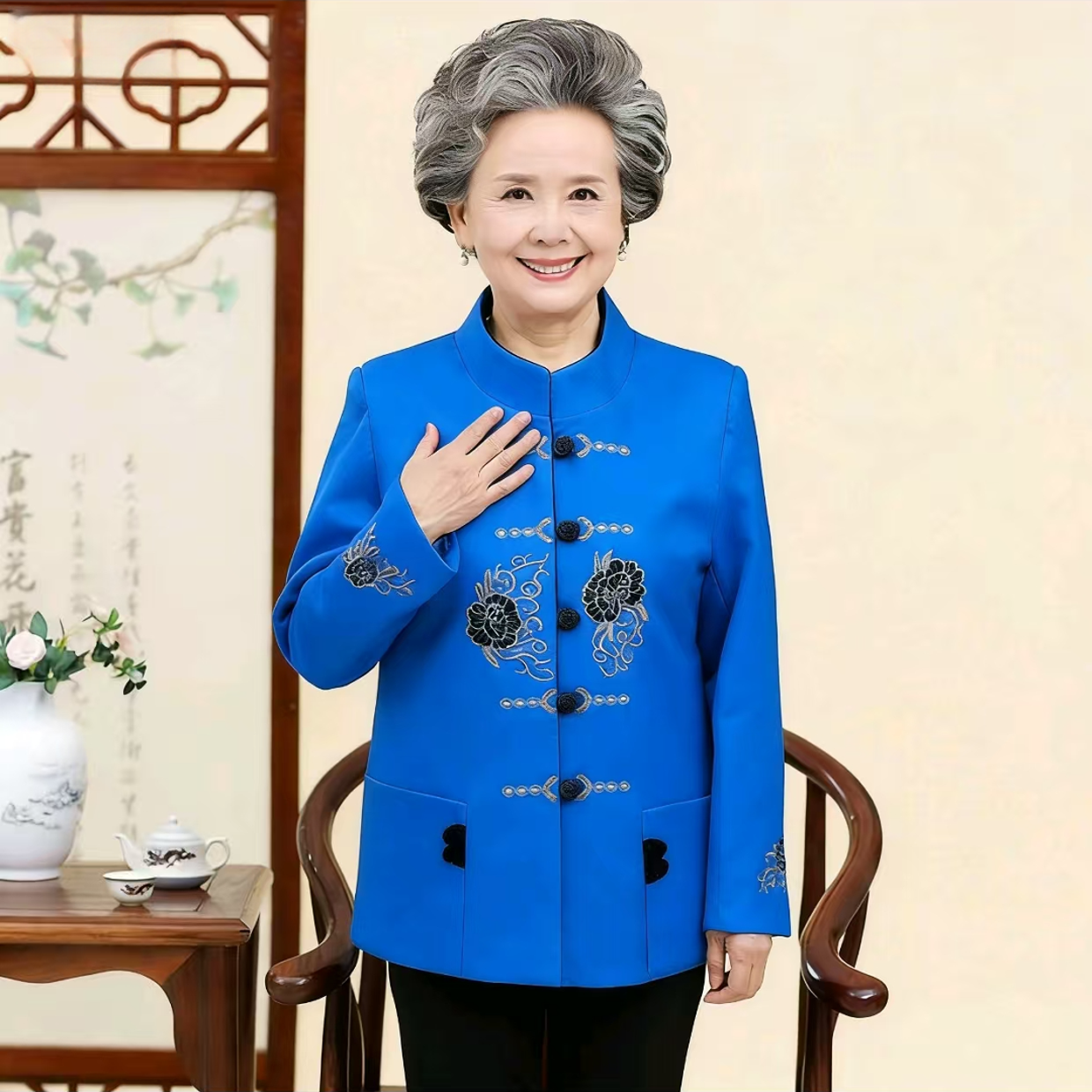 12047-中老年人外套妈妈春秋上衣老人太太绣花衣服【A仓】