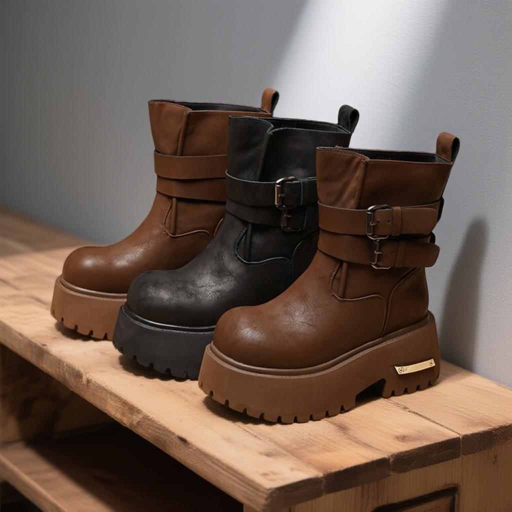 9cm增高跟小个子厚底马丁靴女冬季新款保暖加绒超轻软底松糕短靴 