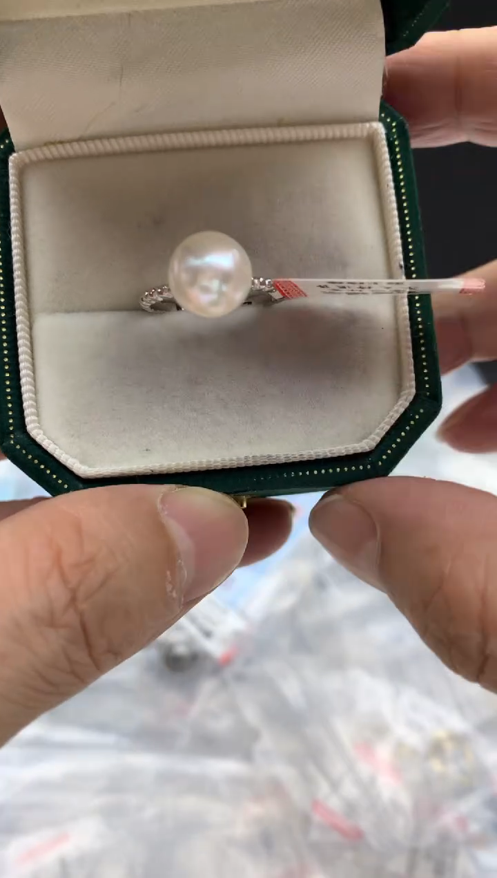 银S925镶嵌FF淡水珍珠白珠戒指9~10mm