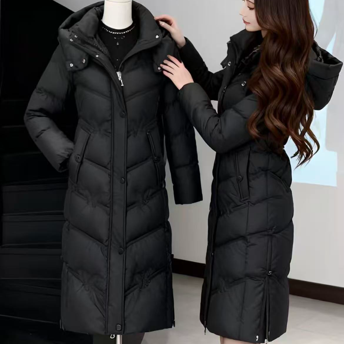 2025年潮流女装冬季可拆卸帽显瘦中长款羽绒棉服过膝加厚保暖棉衣