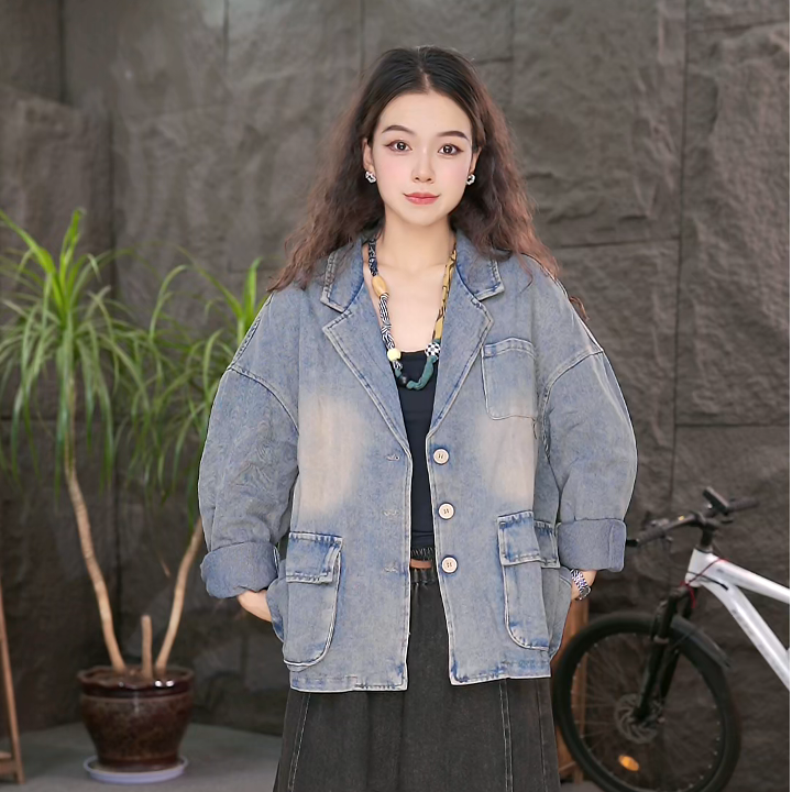 【牛仔外套】秋装女款大码女装百搭长袖夹克牛仔衣上衣LL