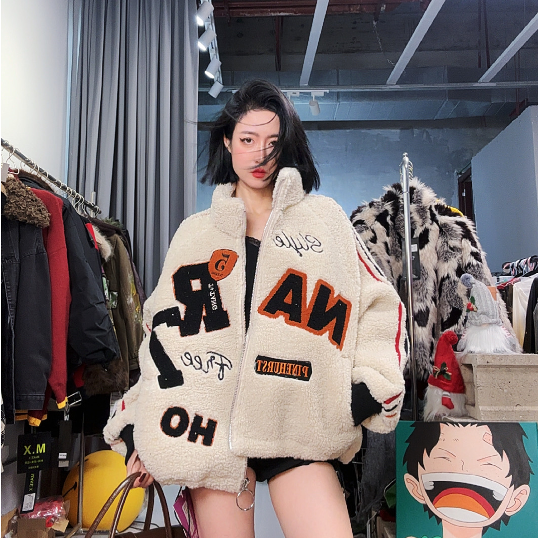 奇奇家糖豆原创羊羔毛加绒加厚撞色机车服冬季毛绒外套