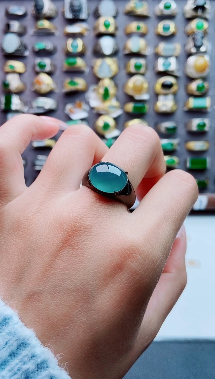 银S925镶嵌戒指翡翠天然翡翠男戒