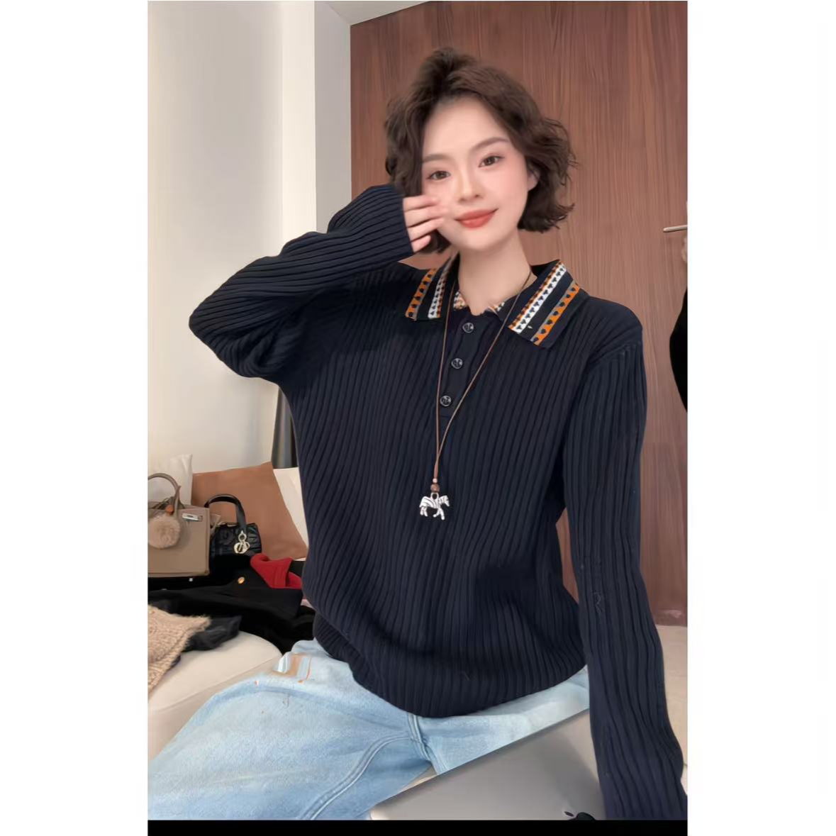 欧尼私服2025秋冬新款西装领撞色三粒扣针织衫复古风2512C9053
