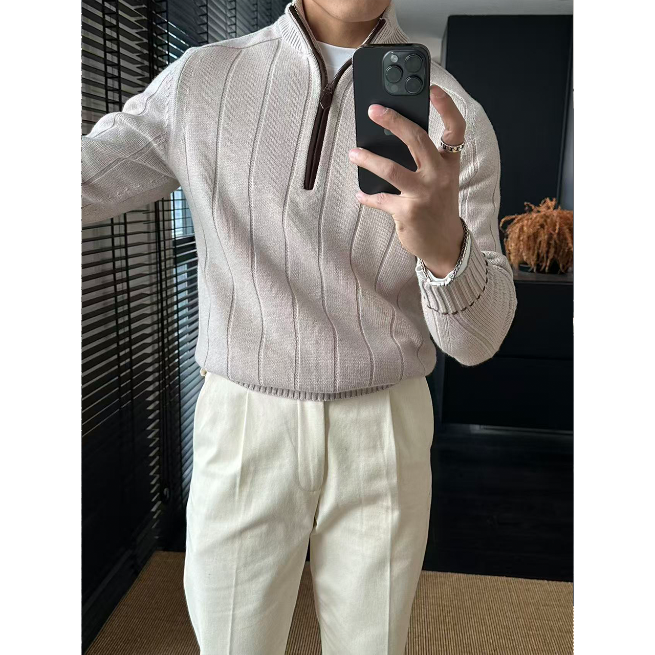 DAN LANG 489#羊毛立领半拉链羊皮镶边坑条组织毛衣外套