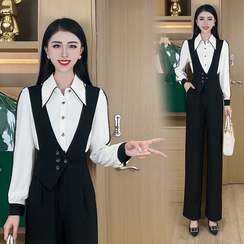 衬衫西装背带裤套装2025新款高腰显瘦高级感休闲直筒连体裤#DY133