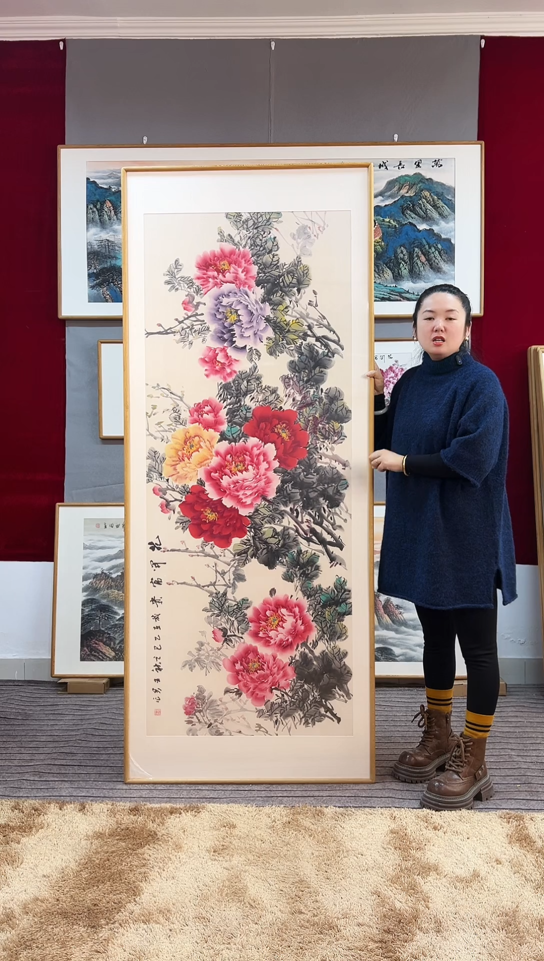 国画手绘牡丹202*82尺寸