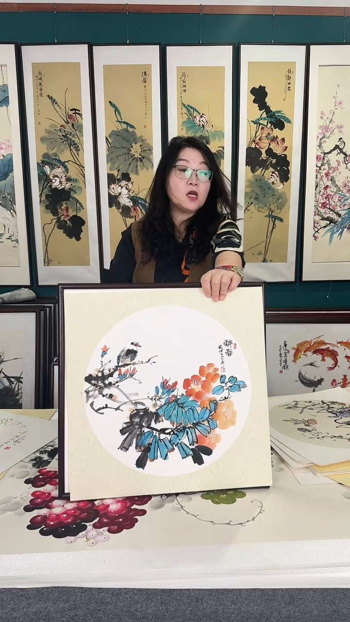 国画醉春图 实木装裱 50*50