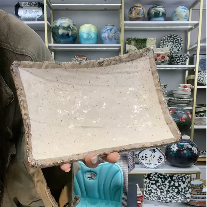 【单支】日本进口美浓烧白唐津变型长方形盘18cm