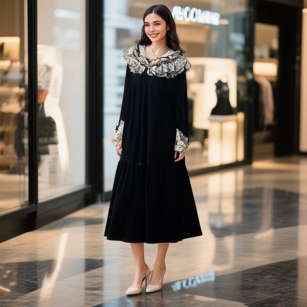 新款丝绒拼接时尚显瘦百搭气质法式设计感连衣裙