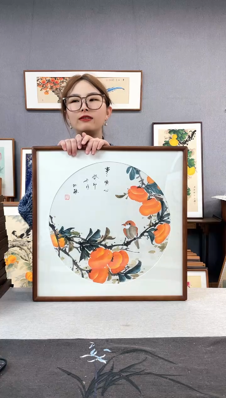 【闪购商品】国画手写手绘带框作品-52*52-柿子