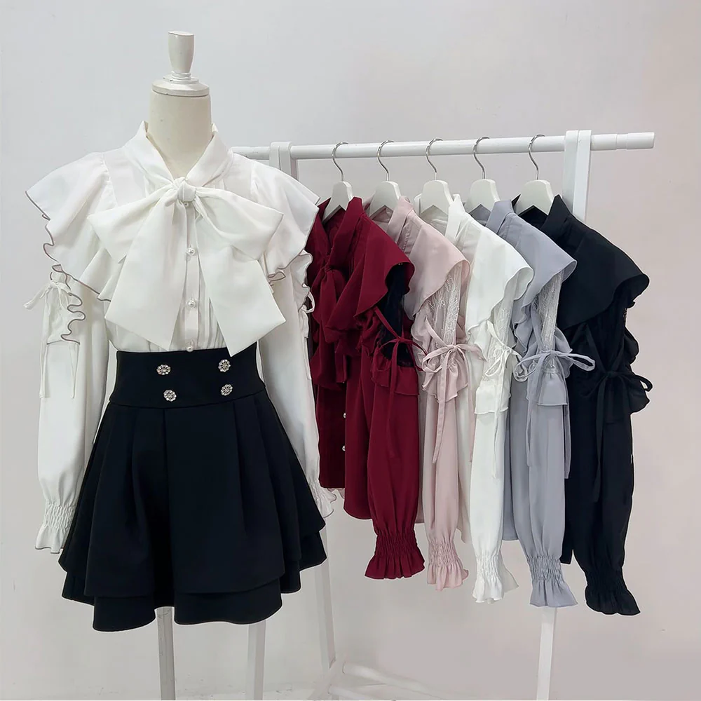 剪标拆标日单~甜美衬衫蕾丝镂空洋气大蝴蝶结系带上衣荷叶边衬衣