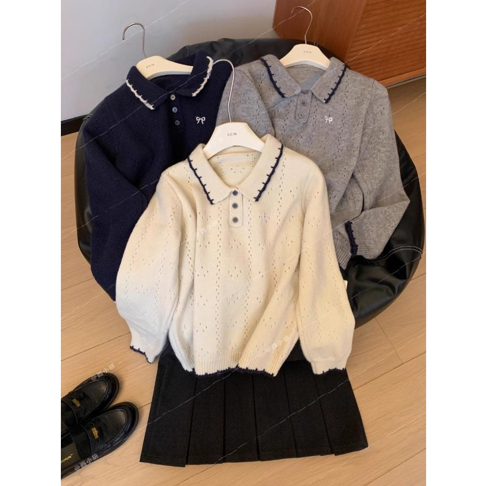 镂空提花蝴蝶结刺绣针织衫女秋冬新款polo领长袖毛衣宽松洋气上衣