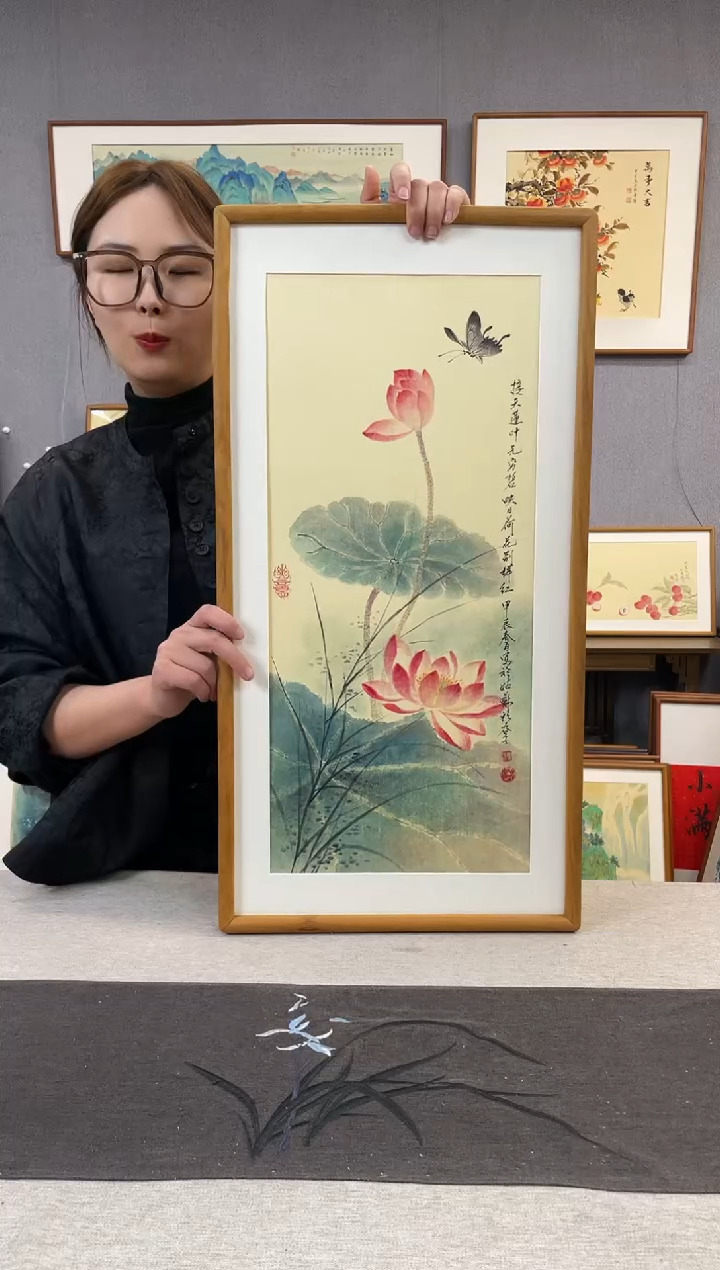【闪购商品】国画王嘉诚-手绘带框作品-35*68-荷花