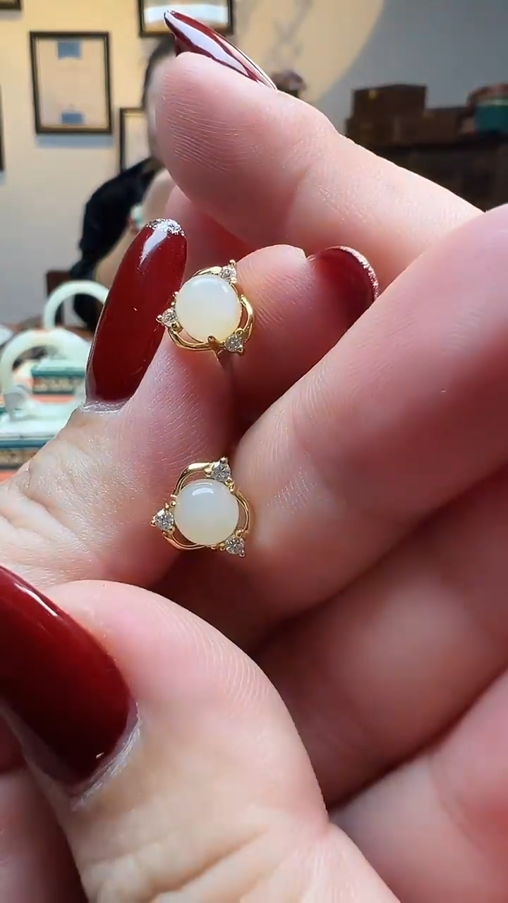 银S925镶嵌和田玉耳饰藕粉藤蔓耳钉