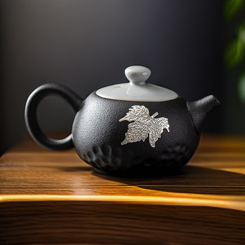 玄叶 粗陶精品手执壶国风中式枫叶镶嵌手执壶简约陶壶泡茶温茶壶