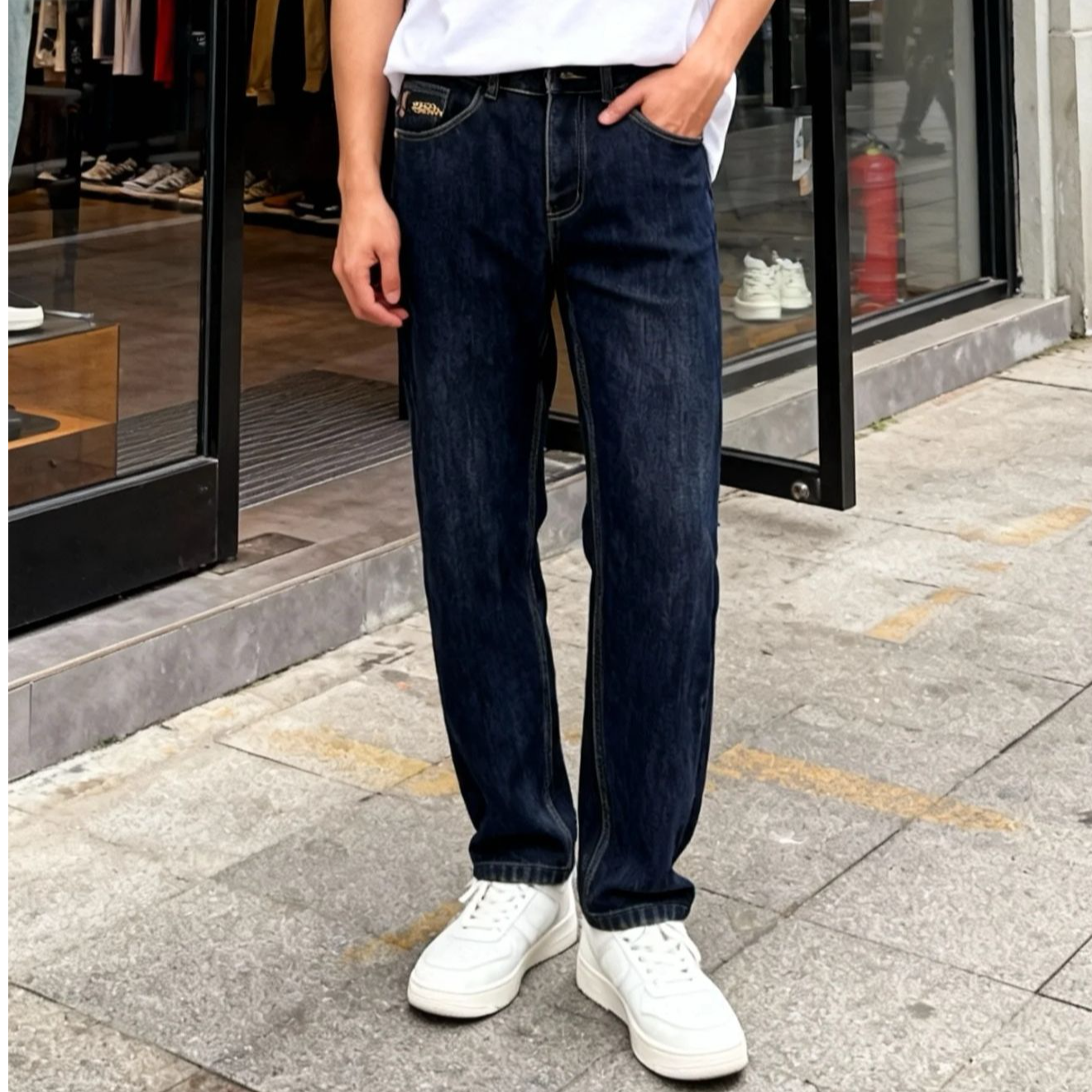 小直筒裤牛仔裤男装百搭深蓝色加奥利绒加厚-款号6190