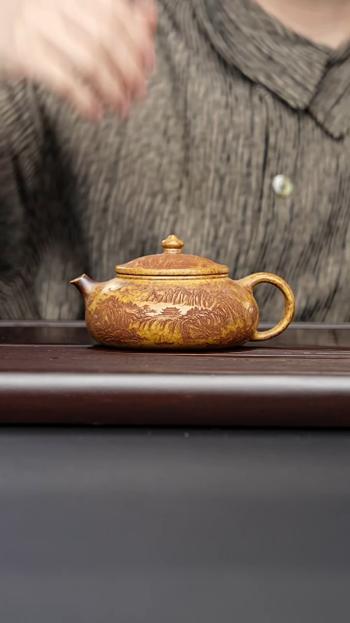 茶壶紫砂宜兴紫砂 山水牡丹寒江 龙骨金砂 曹营营