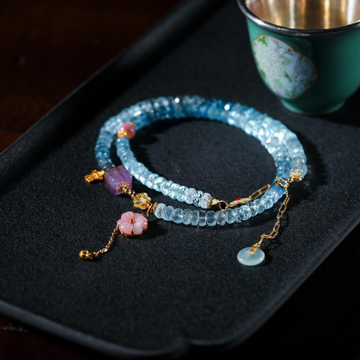 【意婵】《雪见》高品精工切面海蓝宝双圈18k金欧泊水晶盐源-904909