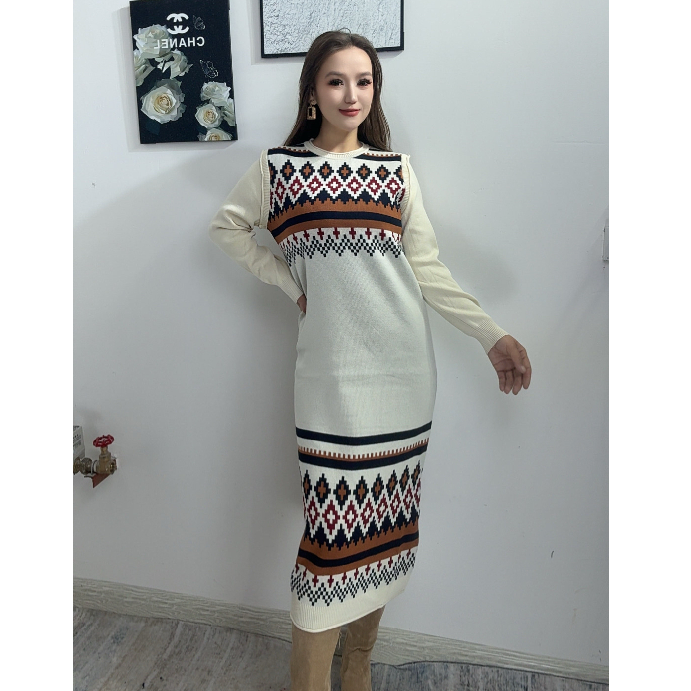 提花连衣裙慵懒风秋季民族风宽松针织洋装长裙针织