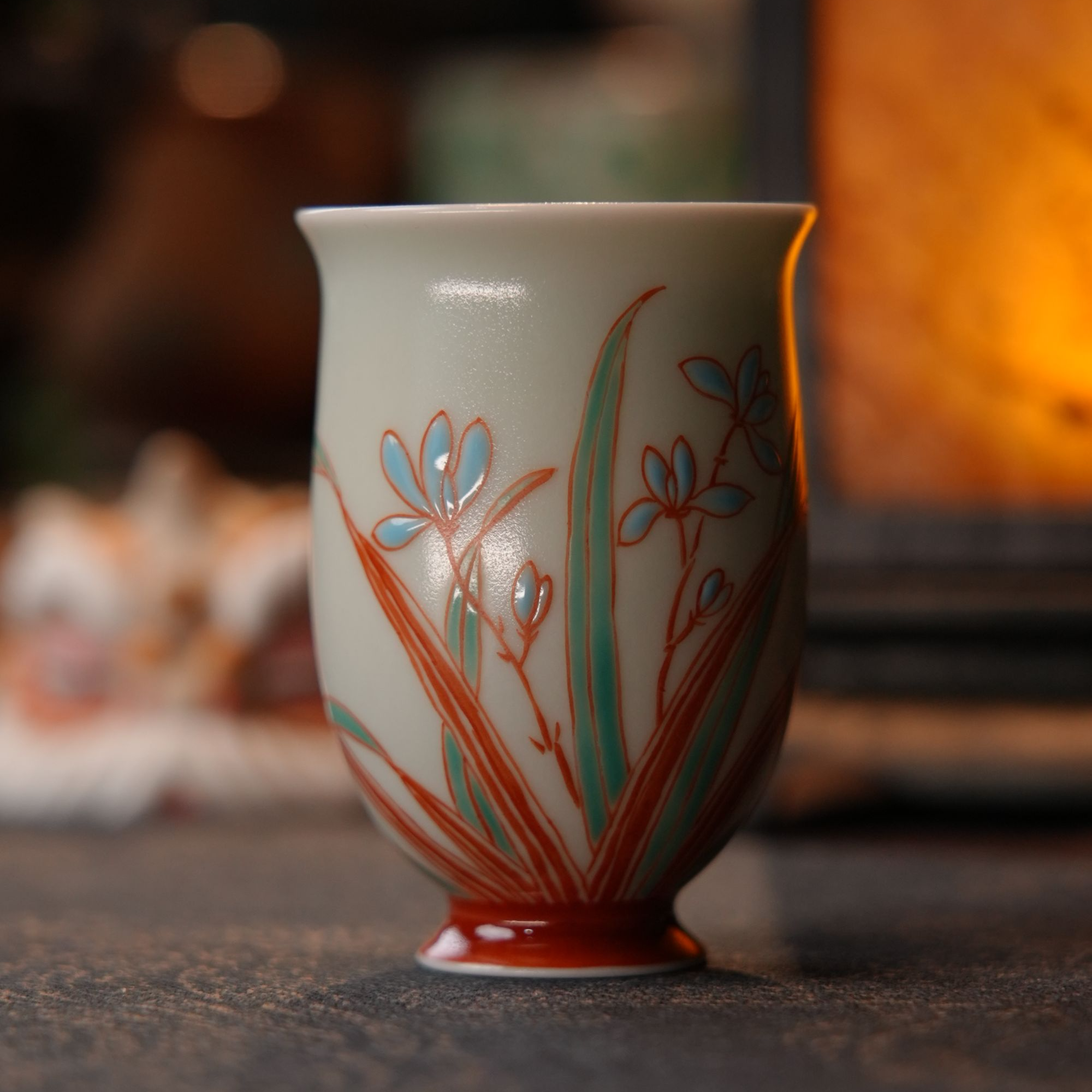 红绿彩兰香杯「雨溪山房」 景德镇