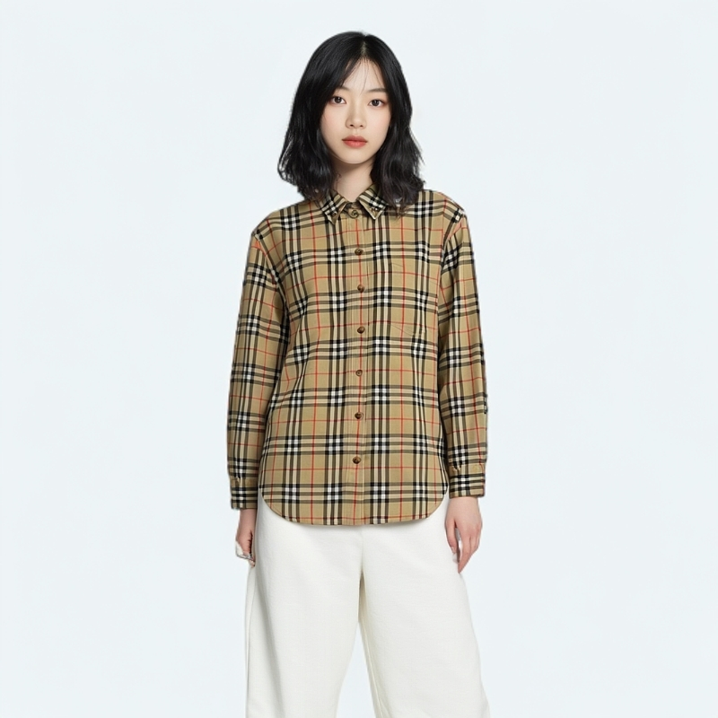 99新 BURBERRY/博柏利 12275943 经典格纹翻领衬衫 卡其色 uk6