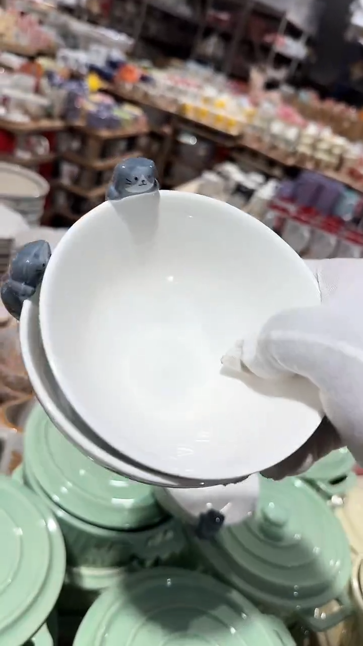 陶瓷2个灰猫咪斗笠米饭碗微瑕 凑满20元包邮