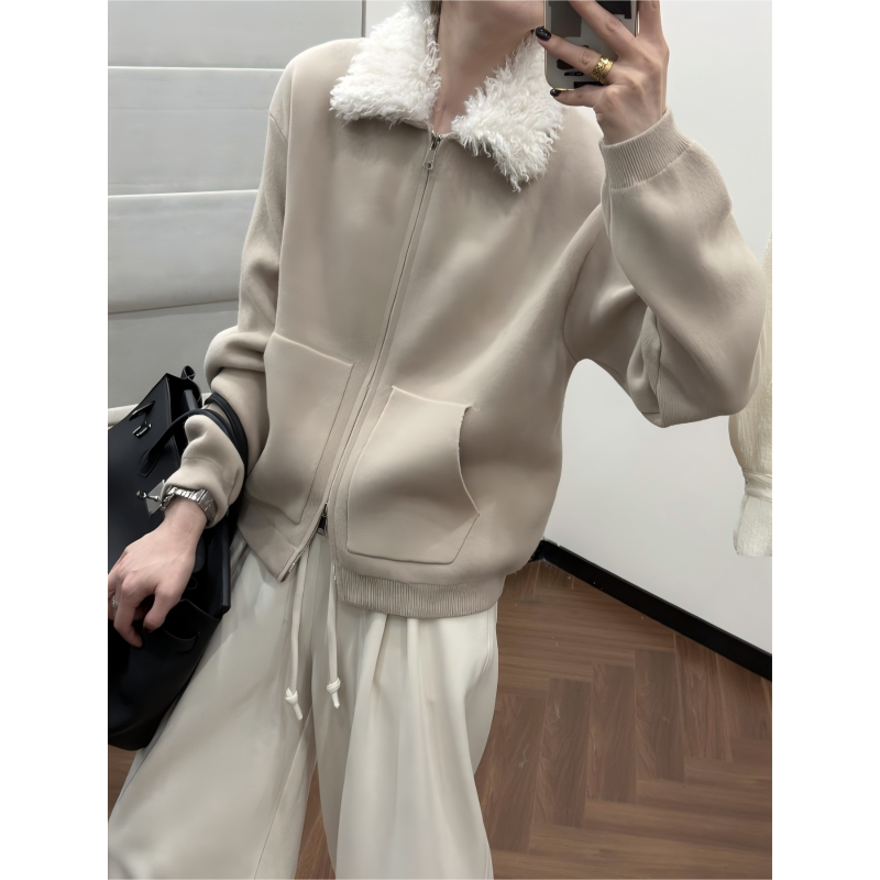 【济州岛】全羊毛拼接领拉链款开衫毛衣*25DK12Y-26