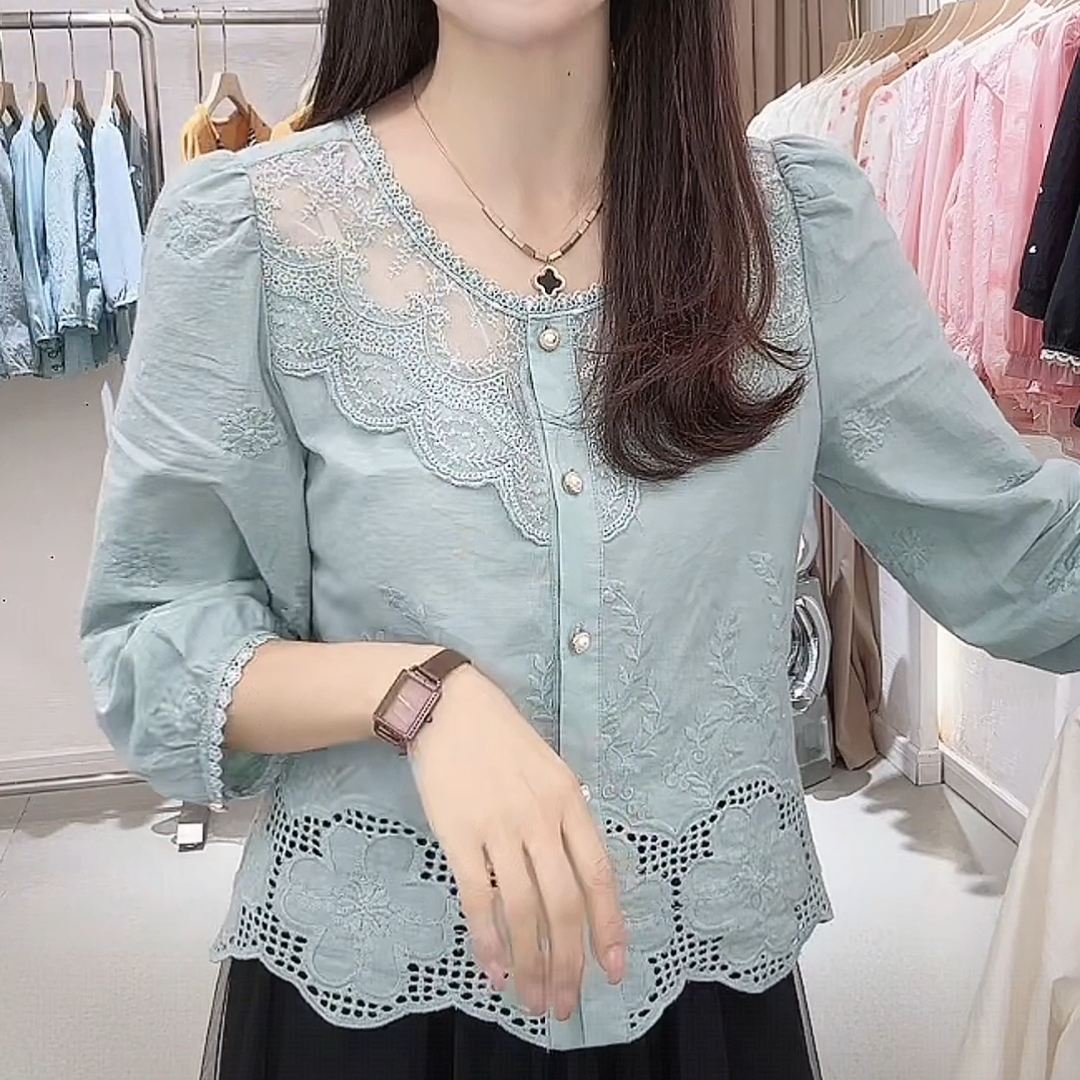 2025早秋新款田园小香风衬衫淑女圆领花边七分袖宽松甜美女士上衣