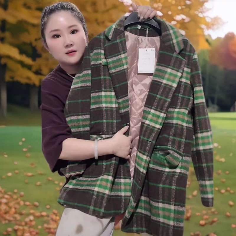 404037《现》涵家优选韩版休闲舒适时尚洋气秋冬绿色格子呢子外套