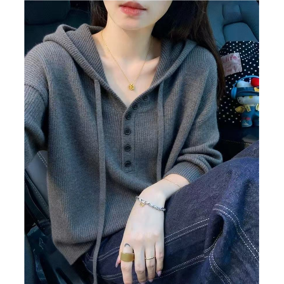 韩系灰色连帽针织衫卫衣女2025秋冬新款时尚通勤百搭宽松毛衣9088