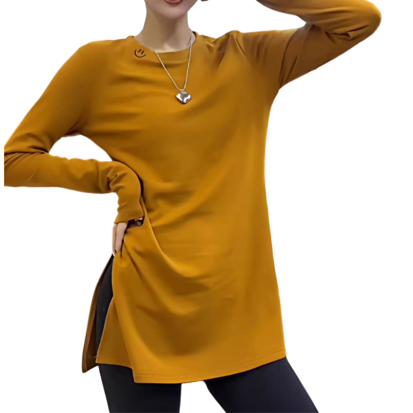 爆单猪家圆领磨毛加厚长袖T恤女中长款遮肉开叉打底衫