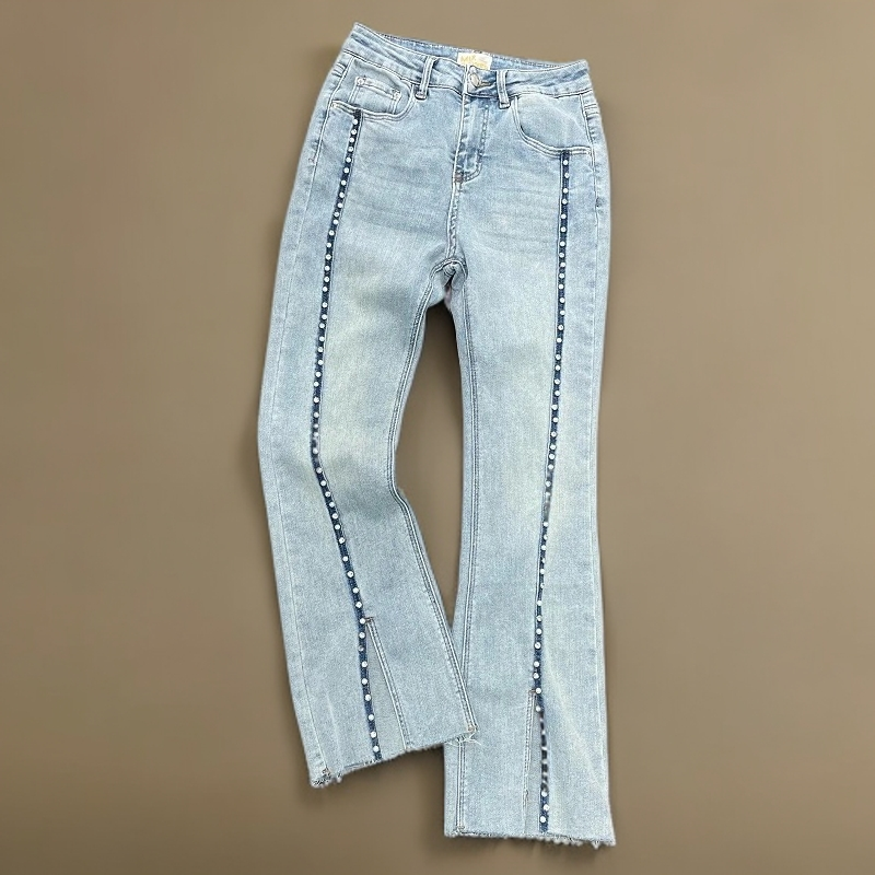 高腰修身显瘦钉珠镶钻裤脚开叉女士九分微喇牛仔裤