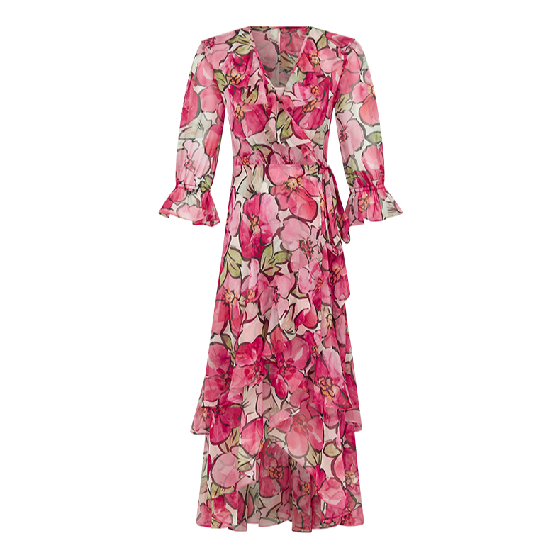 【商场同款】曼德诗收身连衣裙2024春装新款时尚印花长裙雪纺裙子