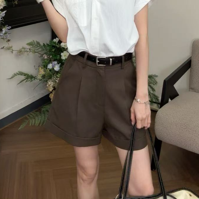 通勤简约百搭高腰显瘦阔腿休闲短裤（配皮带）#25083