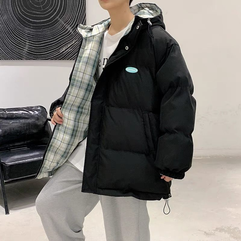 MY06-BY冬季两面穿棉服男女潮流宽松格子连帽棉衣外套加厚面包服
